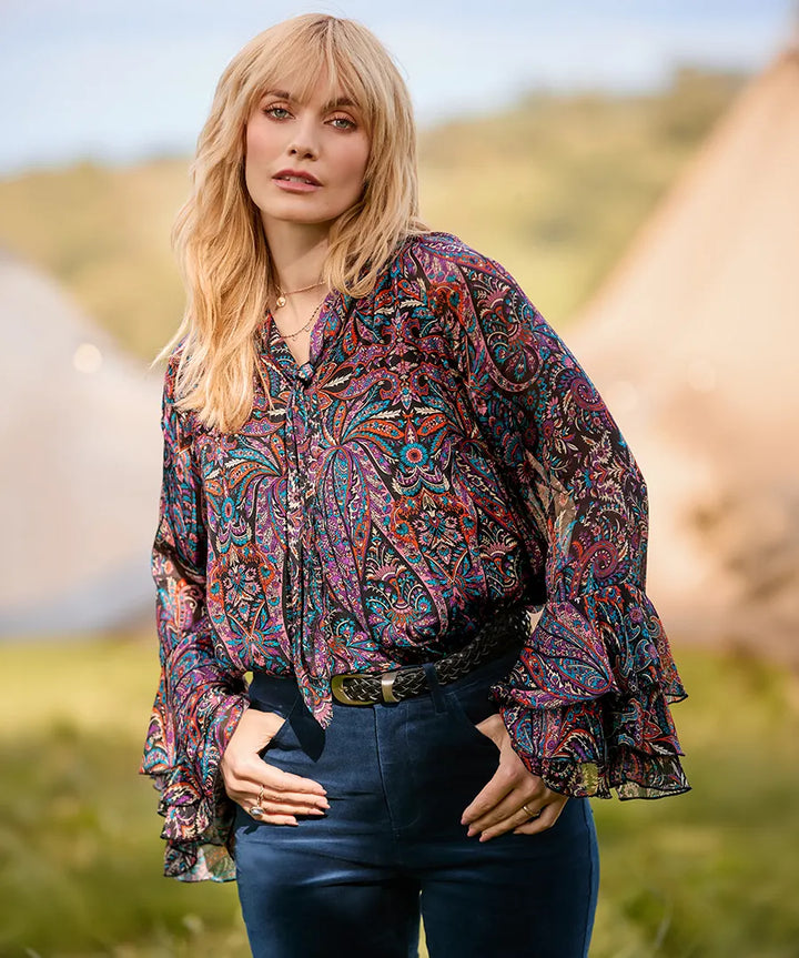 Boho Print Tie Neck Blouse With Ruffle Sleeve Detail