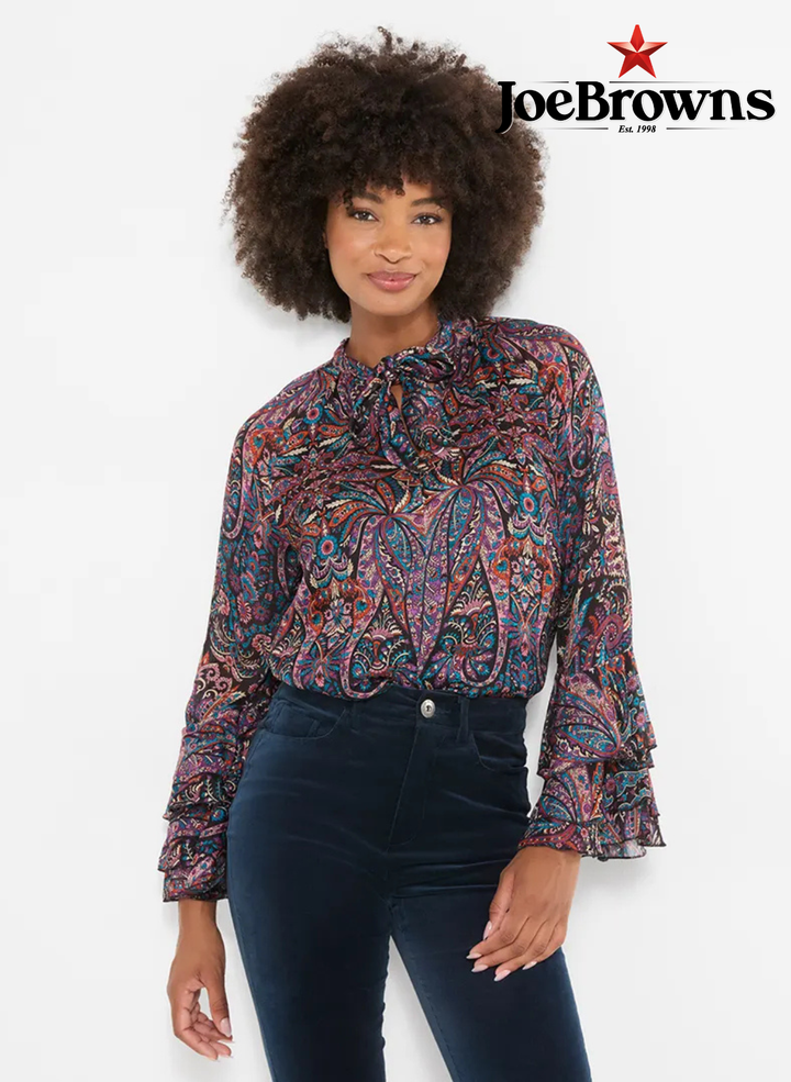 Boho Print Tie Neck Blouse With Ruffle Sleeve Detail