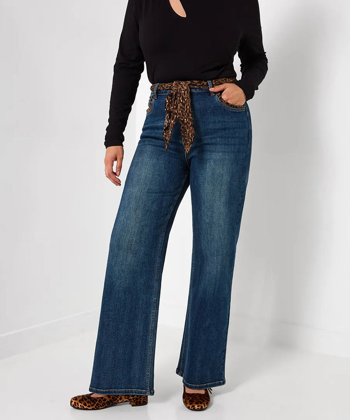 Wide Leg Jeans With Leopard Print Scarf And Pocket Detail