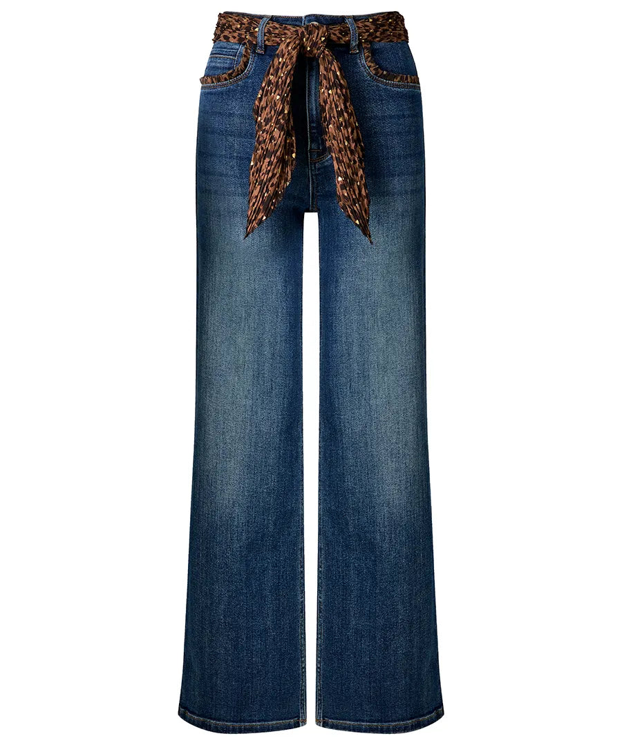 Wide Leg Jeans With Leopard Print Scarf And Pocket Detail