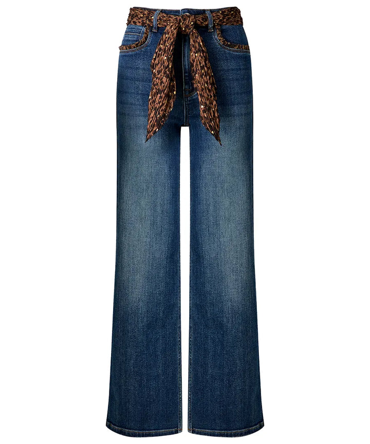 Wide Leg Jeans With Leopard Print Scarf And Pocket Detail