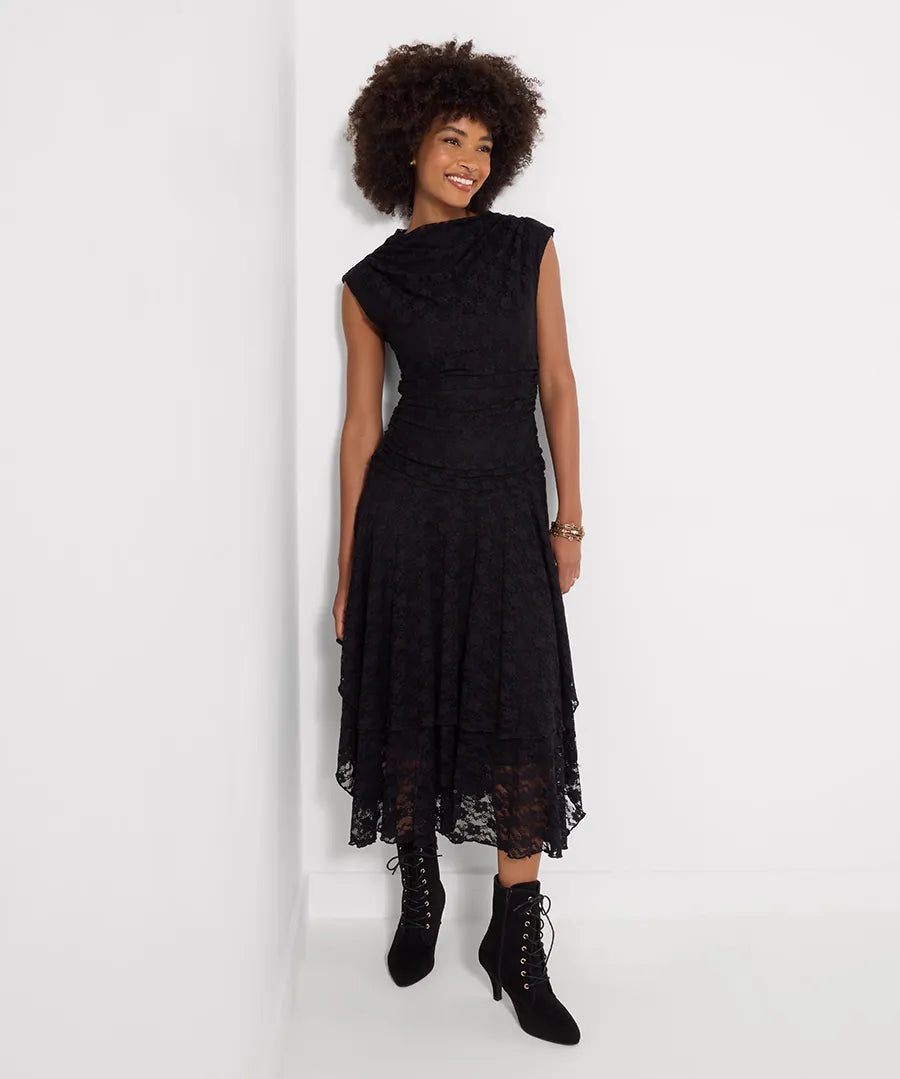 Elegant Lace Cowl Neck Dippy Hem Dress