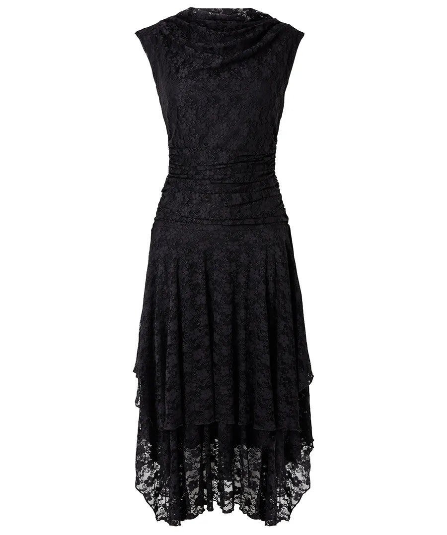 Elegant Lace Cowl Neck Dippy Hem Dress