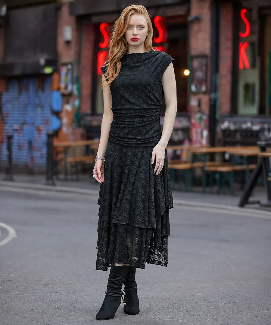 Elegant Lace Cowl Neck Dippy Hem Dress