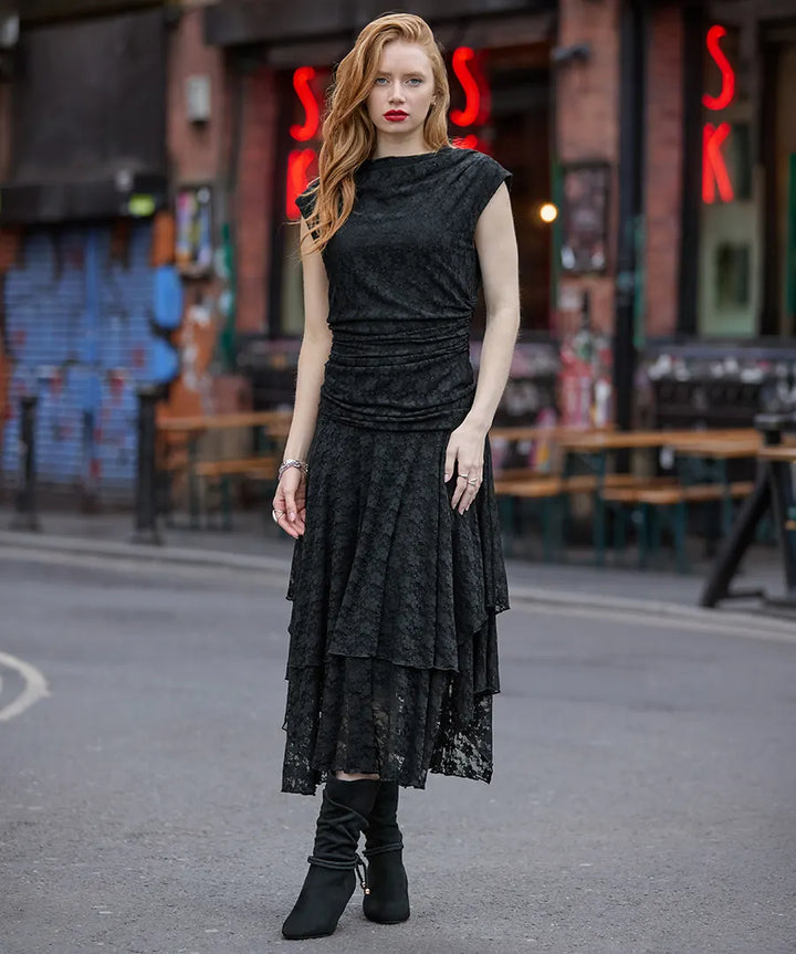 Elegant Lace Cowl Neck Dippy Hem Dress