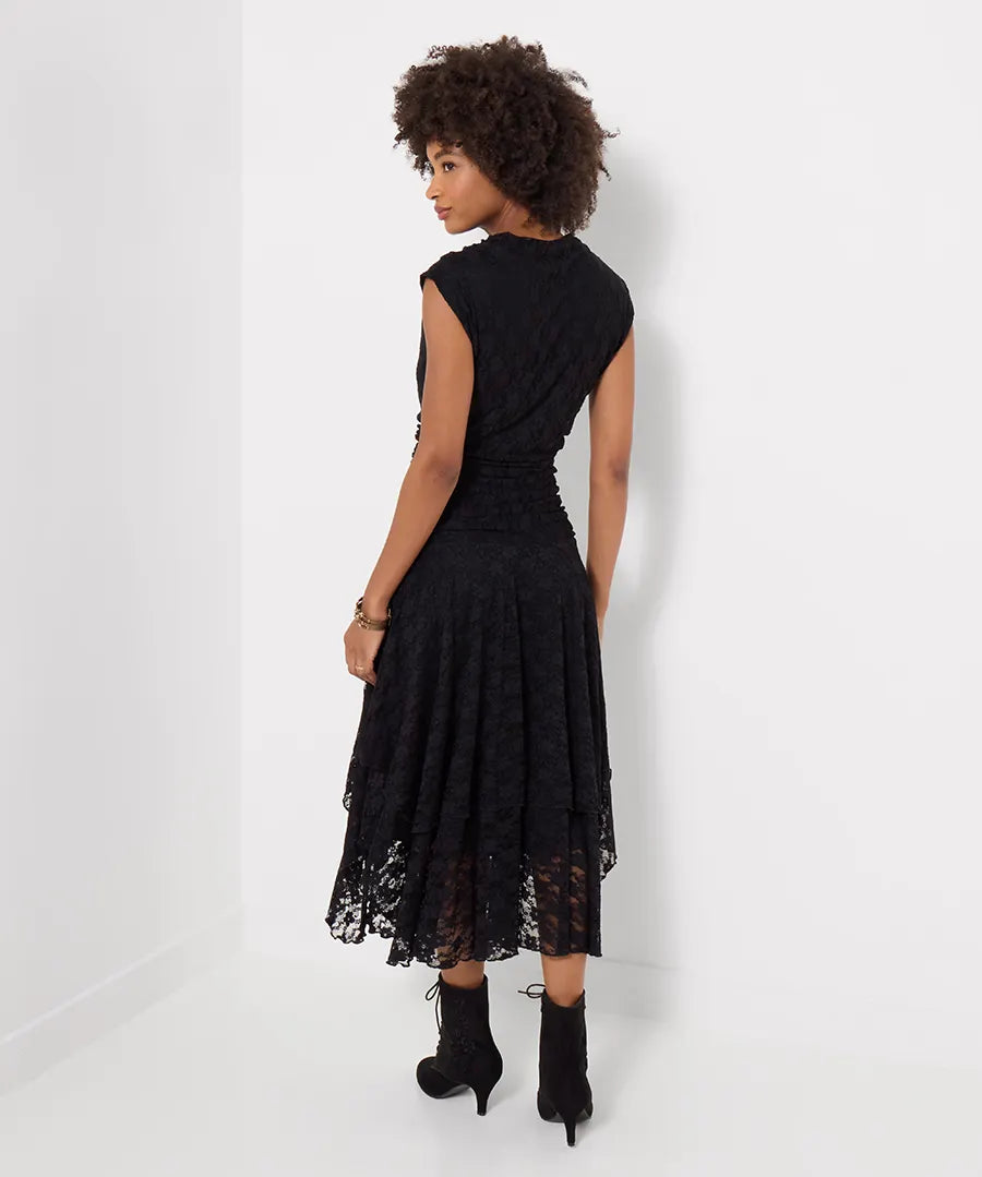 Elegant Lace Cowl Neck Dippy Hem Dress