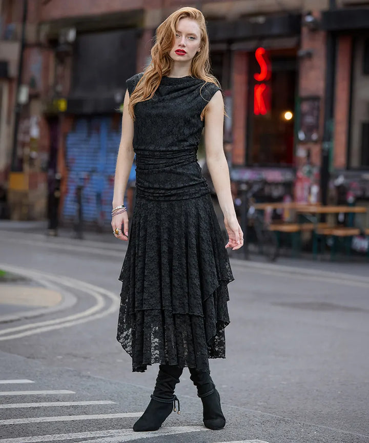 Elegant Lace Cowl Neck Dippy Hem Dress