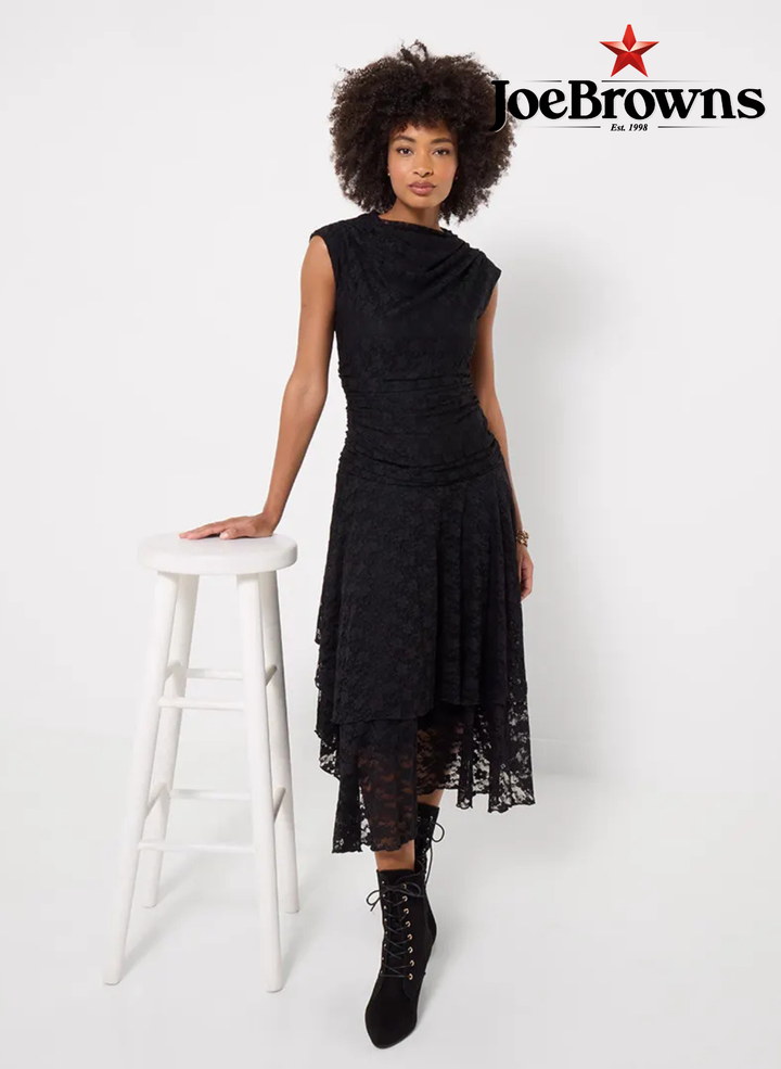 Elegant Lace Cowl Neck Dippy Hem Dress
