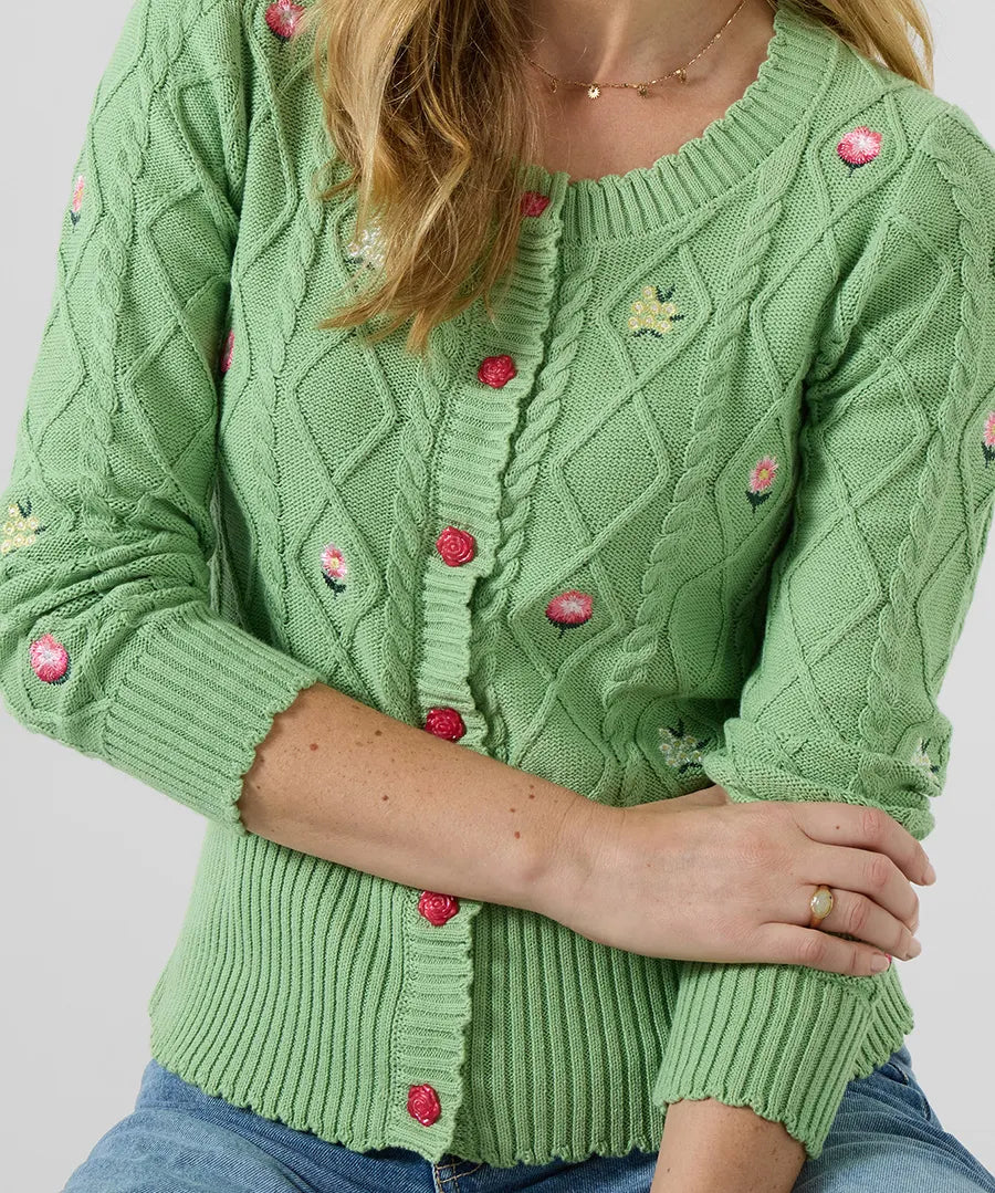 Penny Embroidered Floral Cable Knit Cardigan | Joe Browns