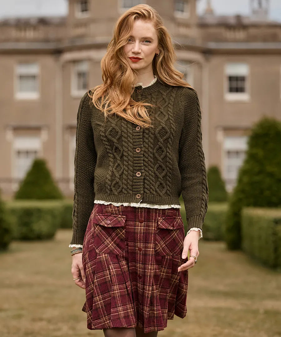 Claudia Woven Trim Cable Knit Cardigan