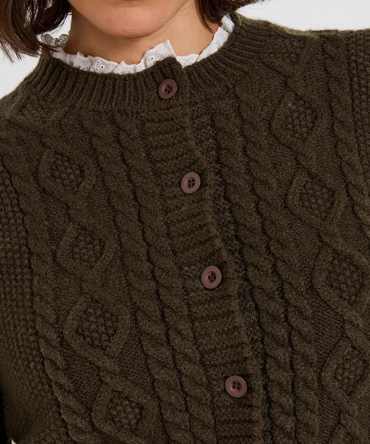 Claudia Woven Trim Cable Knit Cardigan