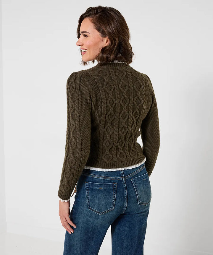 Claudia Woven Trim Cable Knit Cardigan