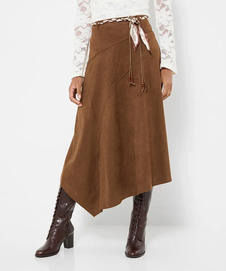 Faux Suede Midi Skirt With Braided Belt
