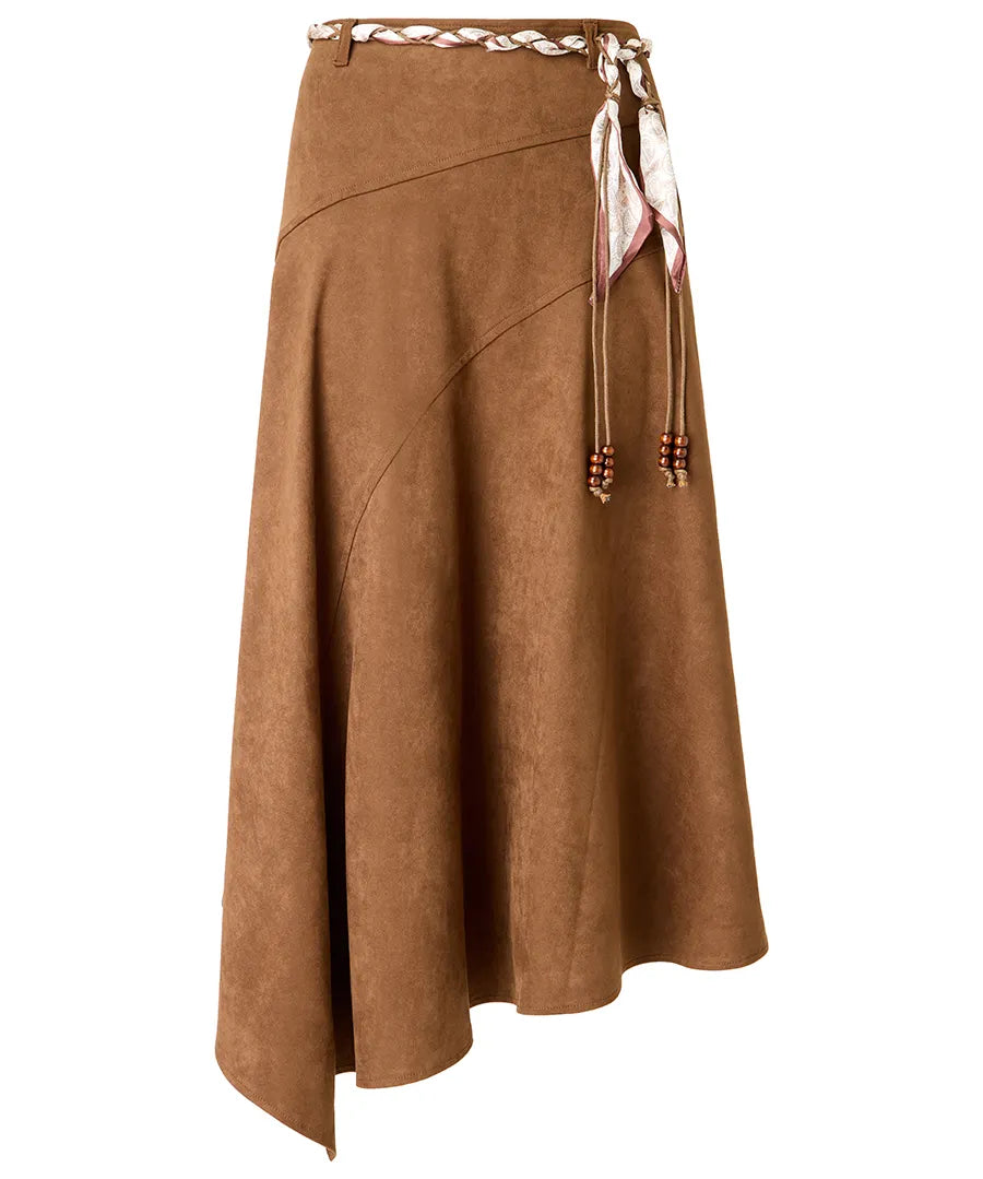 Faux Suede Midi Skirt With Braided Belt