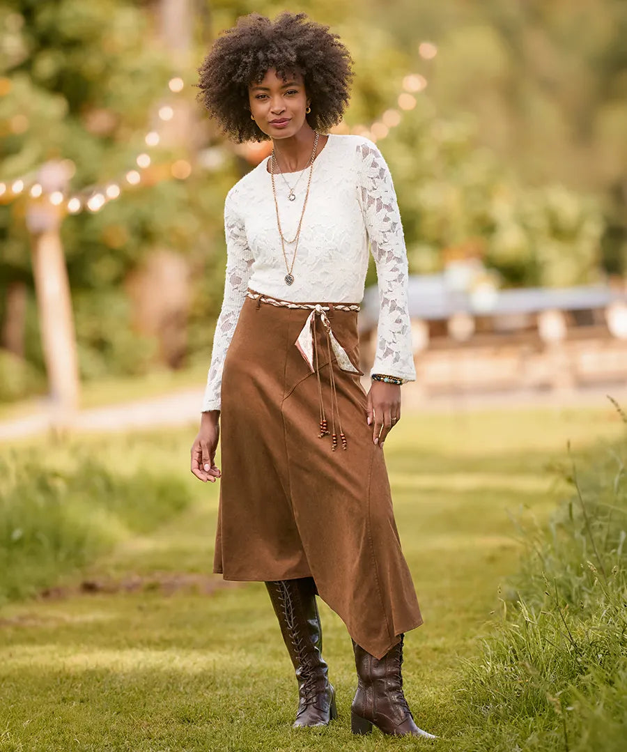 Faux Suede Midi Skirt With Braided Belt