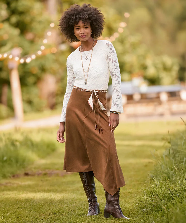 Faux Suede Midi Skirt With Braided Belt