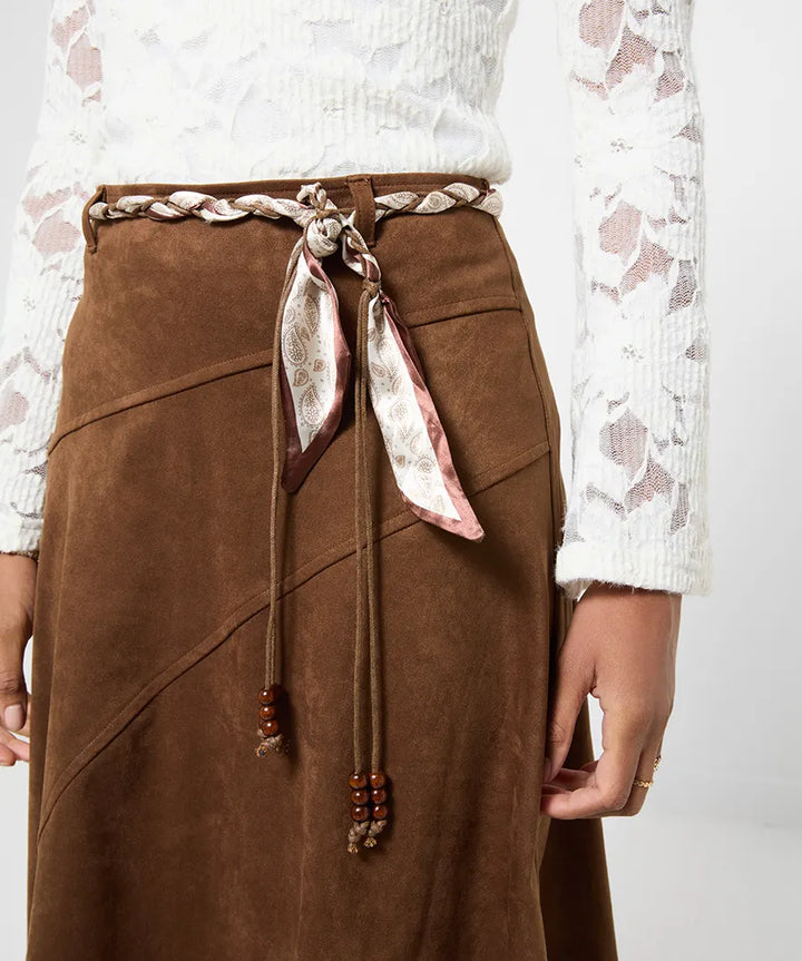 Faux Suede Midi Skirt With Braided Belt