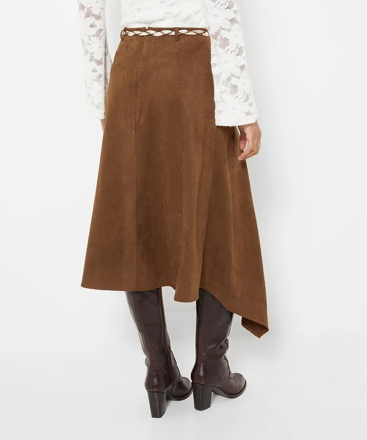 Faux Suede Midi Skirt With Braided Belt