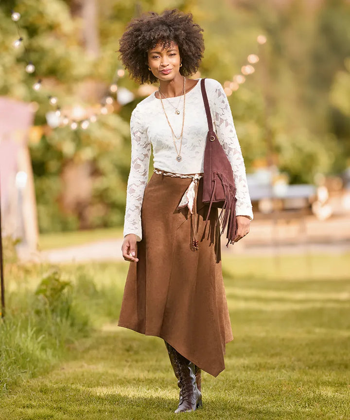 Faux Suede Midi Skirt With Braided Belt