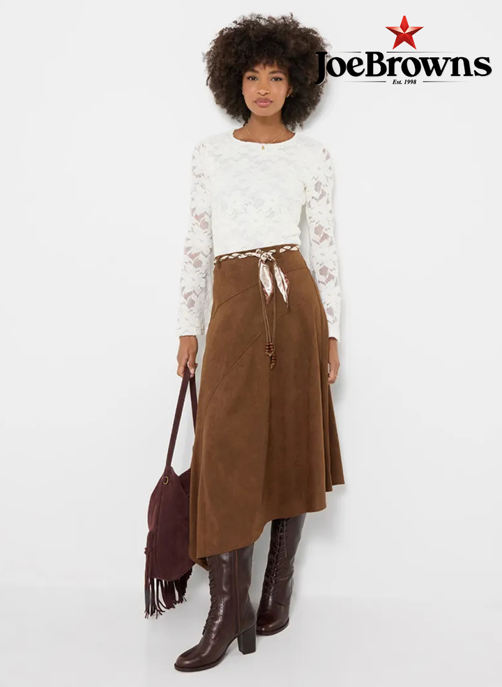 Faux Suede Midi Skirt With Braided Belt