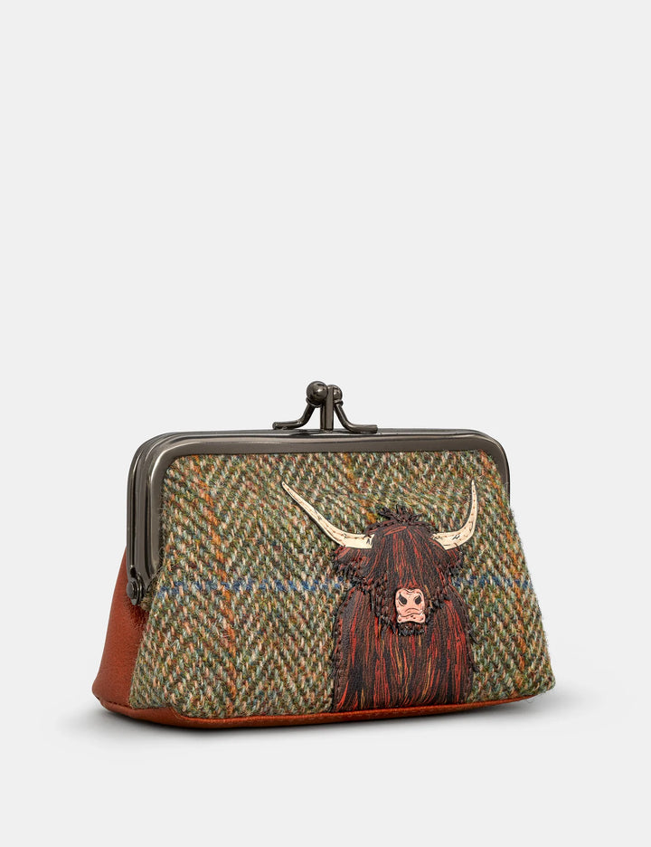Highland Cow Harris Tweed & Brown Leather Aubrey Frame Purse