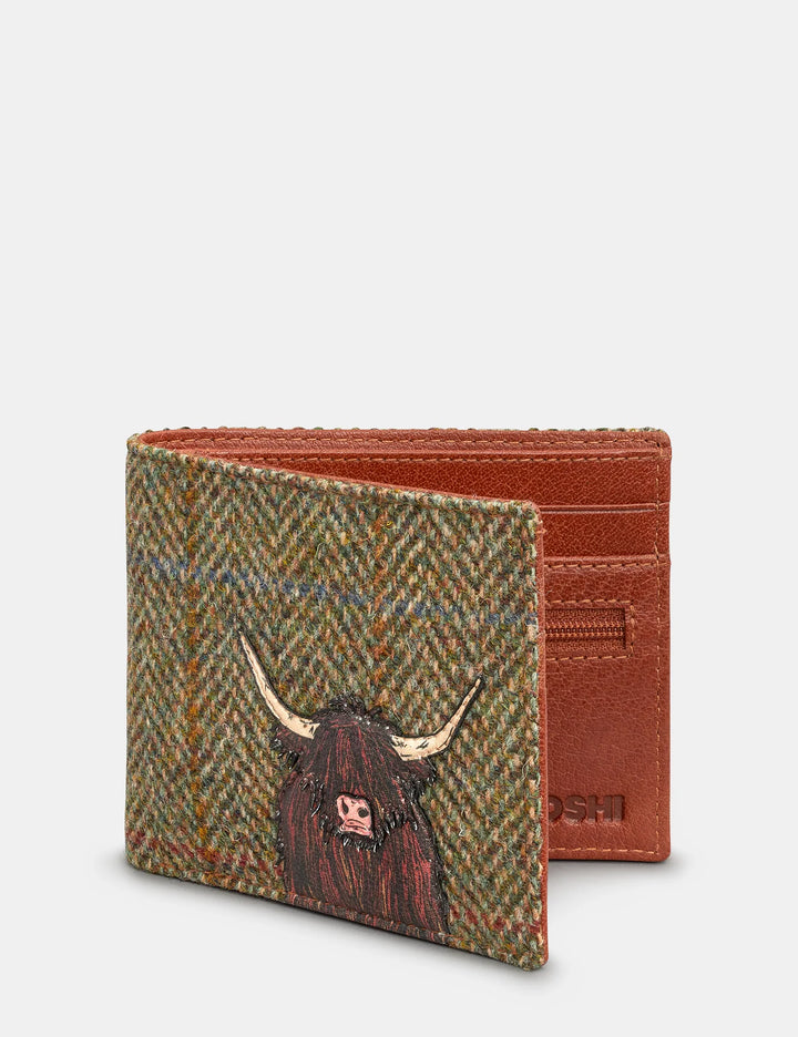 Highland Cow Harris Tweed & Brown Leather Wallet | YOSHI