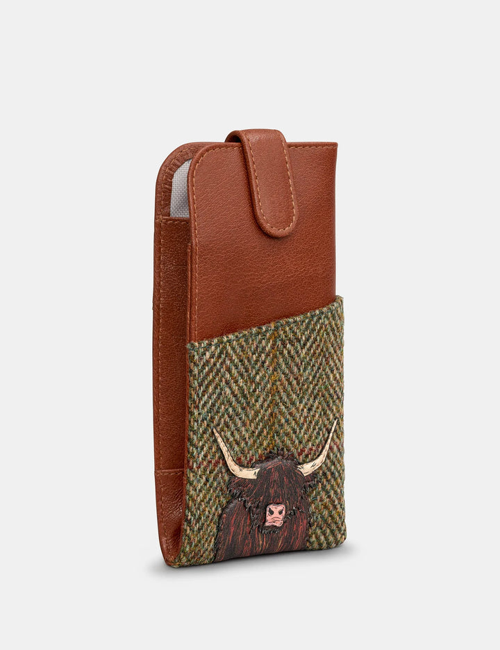 Highland Cow Harris Tweed & Brown Leather Glasses Case | YOSHI