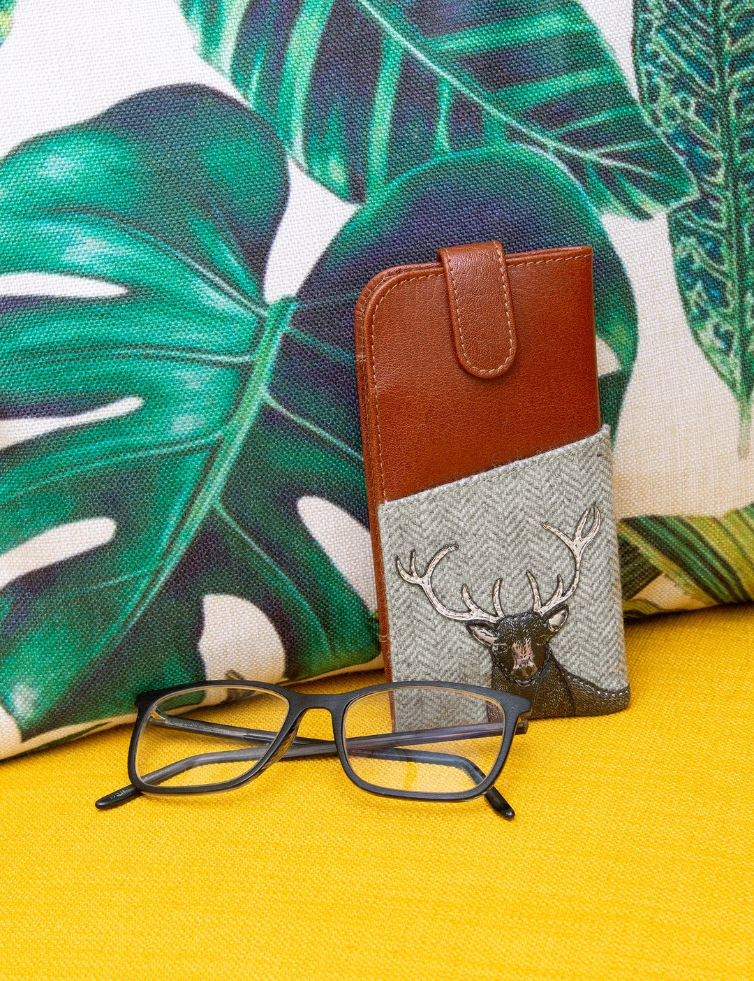 Stag Tweed & Brown Leather Glasses Case | YOSHI