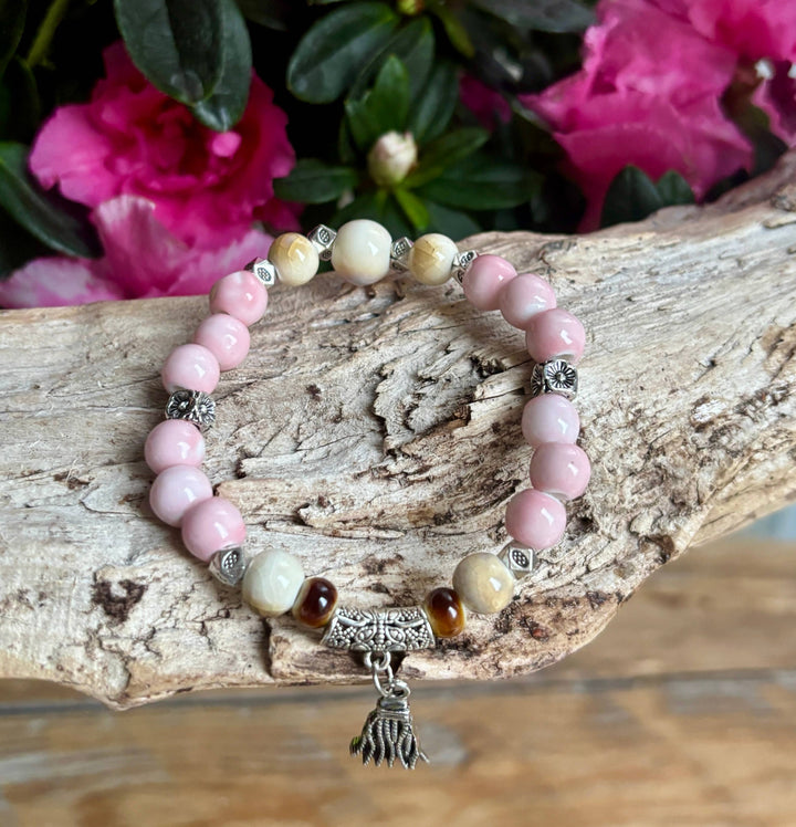 Baby Pink & Beige Ceramic Beads Elastic Bracelet with Tassel Charm
