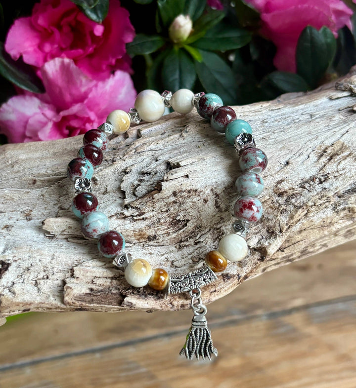 Turquoise, Burgundy & Beige Ceramic Beads Elastic Bracelet with Tassel