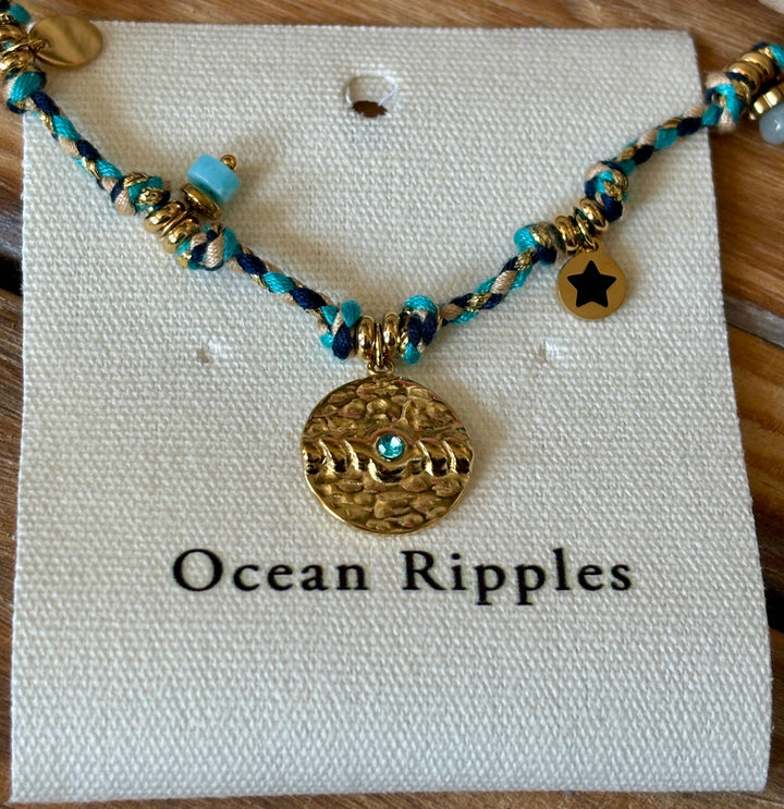 18ct Gold Plated Hammered Disc Rope Bracelet 