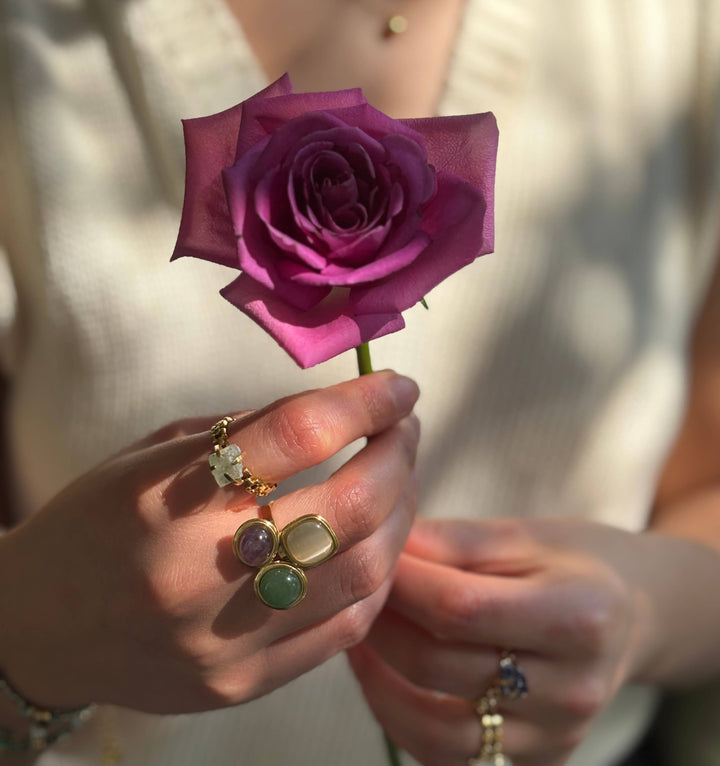 Triple Stone Adjustable Ring – Amethyst, Aventurine & Moonstone - 18ct Gold Plated
