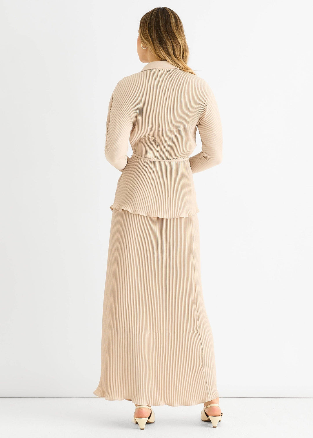 Plisse Elasticated Waist Maxi Skirt | Beige