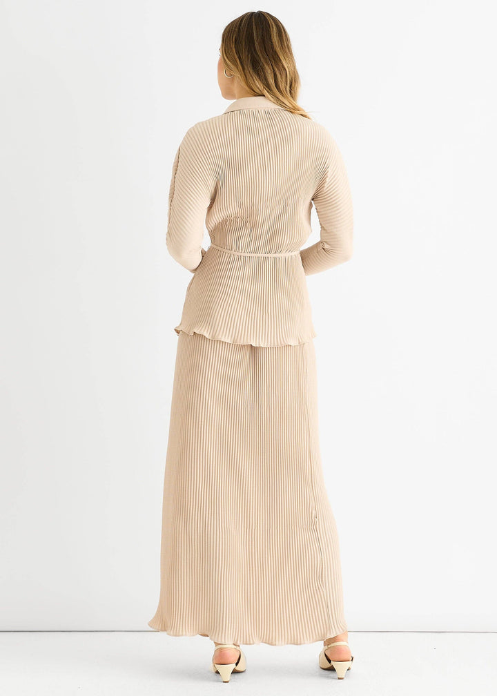 Plisse Elasticated Waist Maxi Skirt | Beige