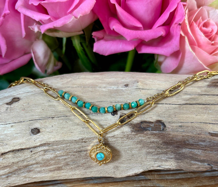 18ct Gold Plated Turquoise Double Chain Bracelet 