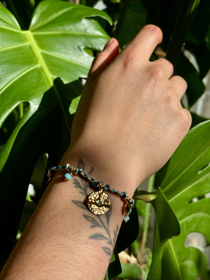 18ct Gold Plated Hammered Disc Rope Bracelet 