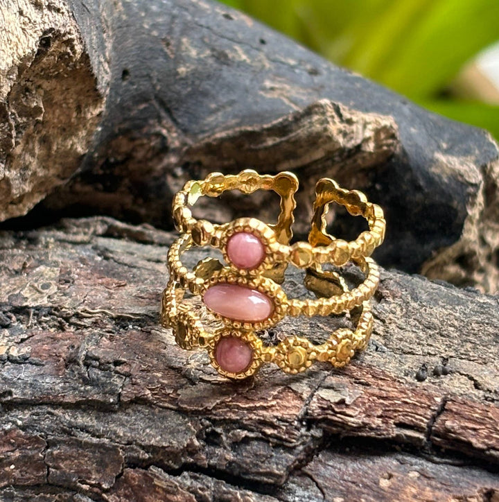 Rhodochrosite Triple Band Adjustable Ring – 18ct Gold Plated