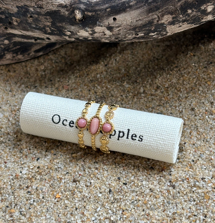 Rhodochrosite Triple Band Adjustable Ring – 18ct Gold Plated