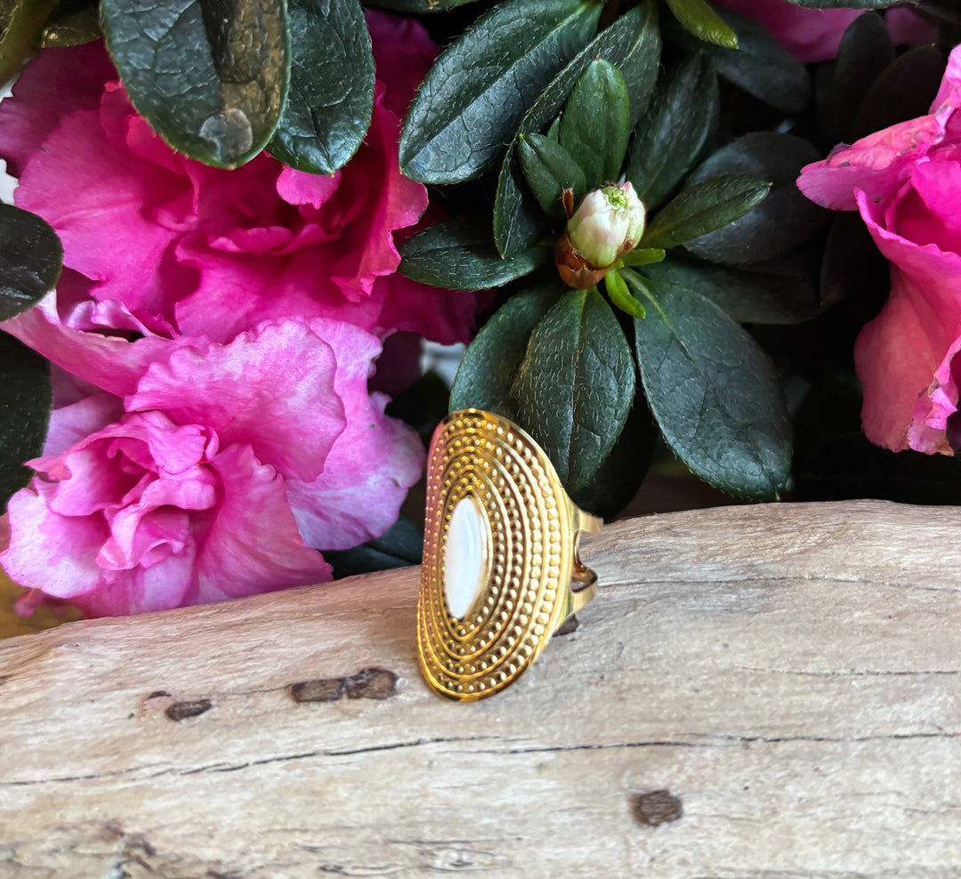White Jade Adjustable Ring - 18ct Gold Plated