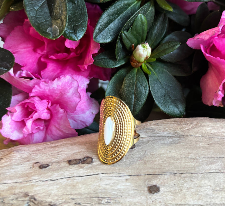 White Jade Adjustable Ring - 18ct Gold Plated