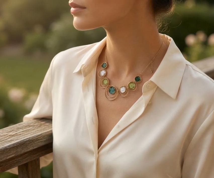 Celestial Enamel Circle Necklace - Green