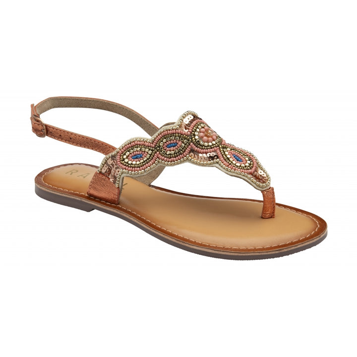Copper Foil & Embroidery Leather Batlow Flat Toe-Post Sandals | Ravel