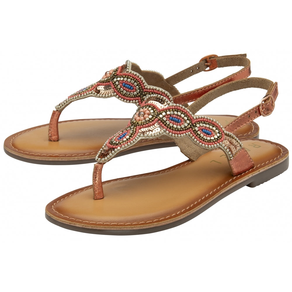 Copper Foil & Embroidery Leather Batlow Flat Toe-Post Sandals | Ravel
