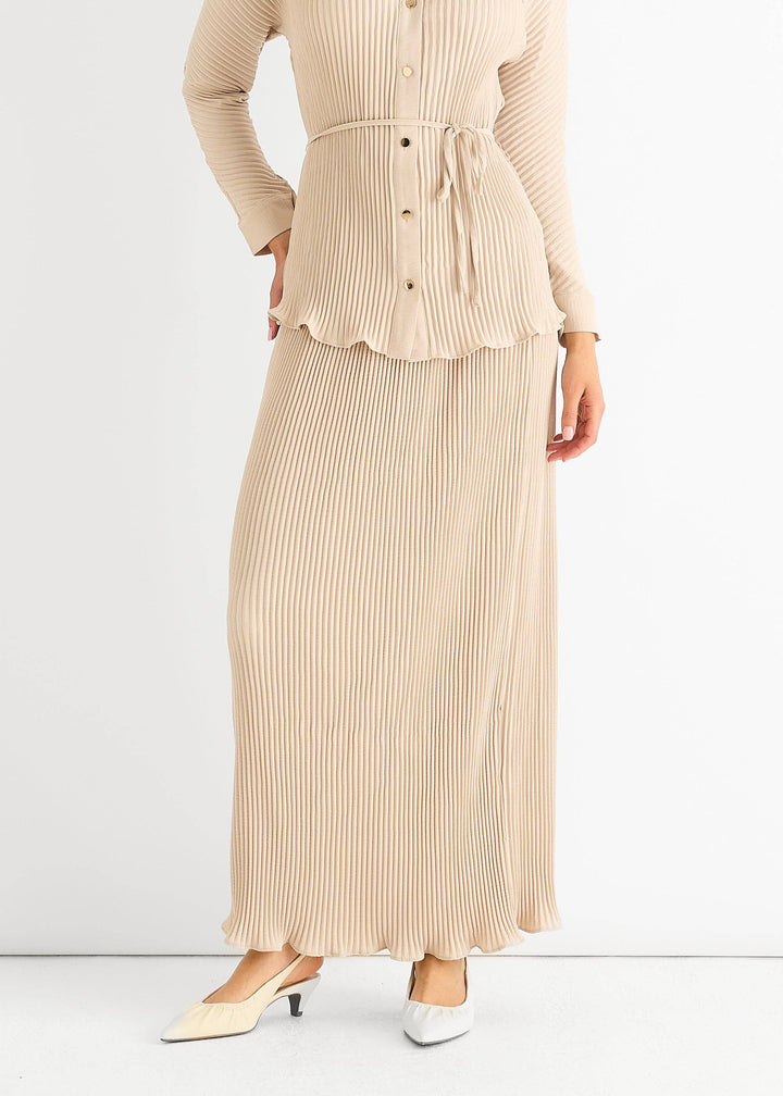 Plisse Elasticated Waist Maxi Skirt | Beige