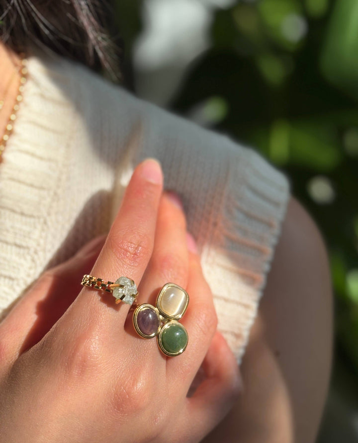 Triple Stone Adjustable Ring – Amethyst, Aventurine & Moonstone - 18ct Gold Plated