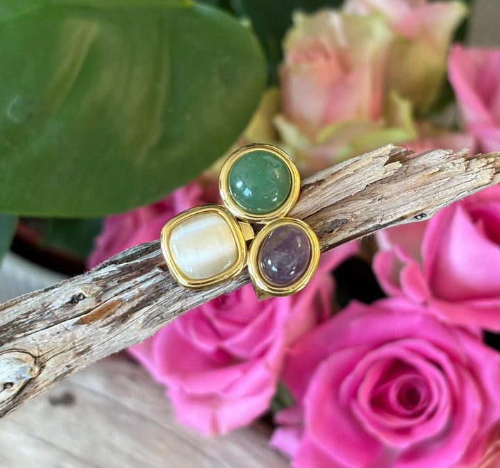 Triple Stone Adjustable Ring – Amethyst, Aventurine & Moonstone - 18ct Gold Plated