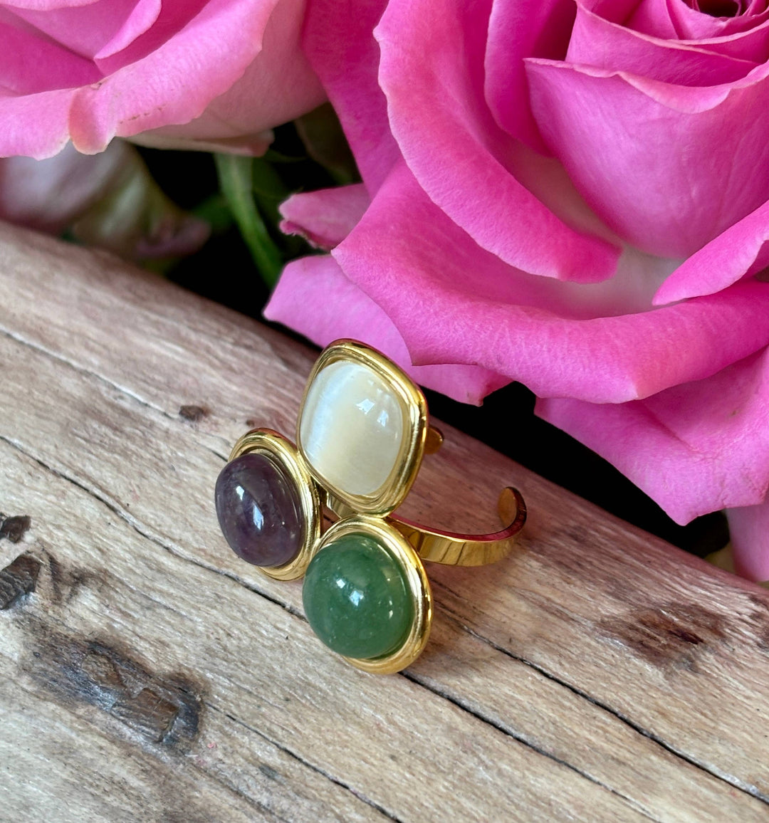 Triple Stone Adjustable Ring – Amethyst, Aventurine & Moonstone - 18ct Gold Plated