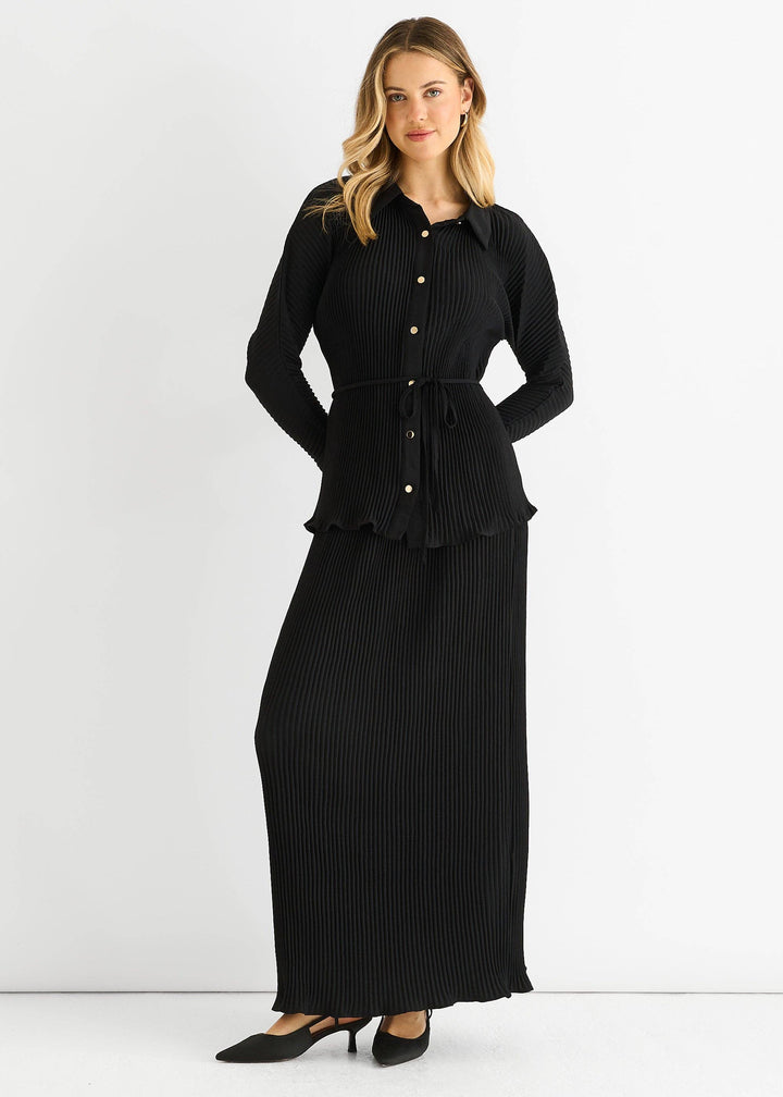 Plisse Elasticated Waist Maxi Skirt | Black
