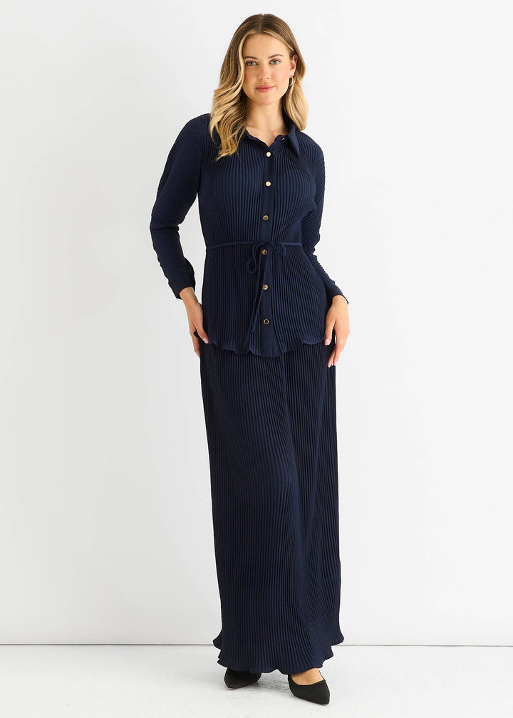 Plisse Elasticated Waist Maxi Skirt | Navy