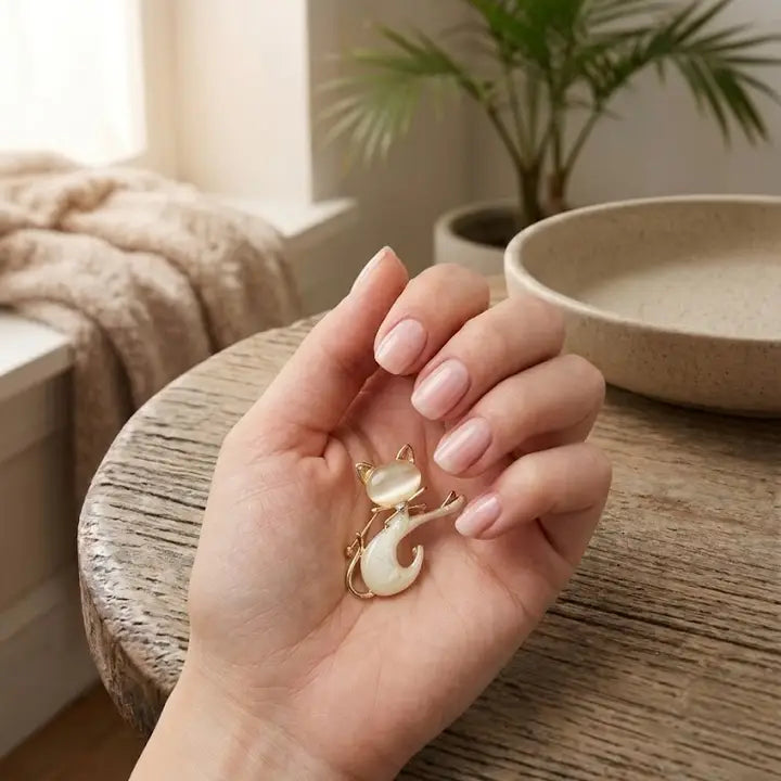 Enamel Cat Brooch Gold & White